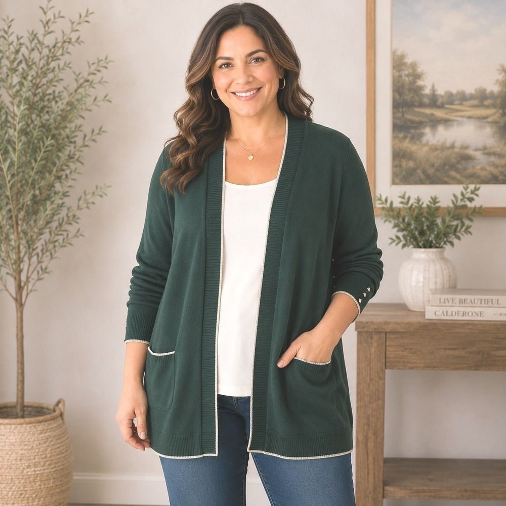Christopher & Banks Green Open Front Cardigan Large‎ Contrast Trim Teacher Core
